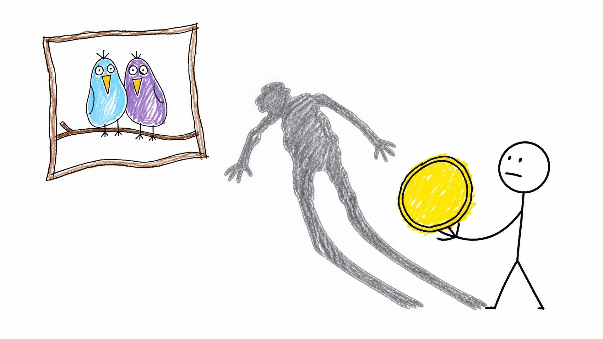 A viewer holds a coin beside a bird painting while the artist's dark shadow remains behind it