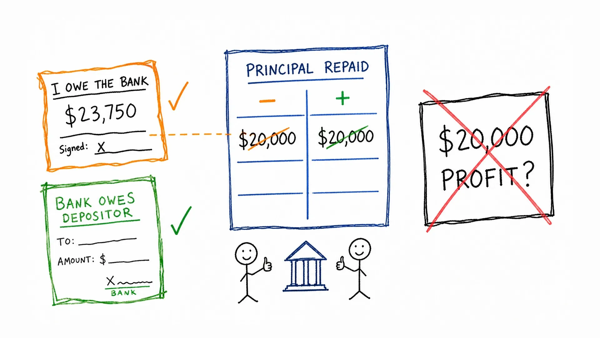 A principal repayment crosses out both a loan balance and a matching deposit balance