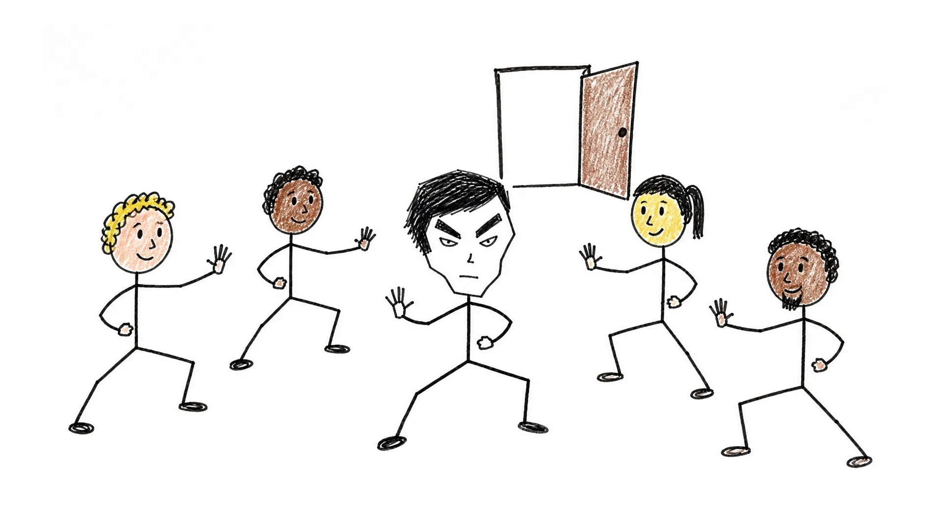 Bruce Lee teaches a mixed group of four martial arts students in an open room