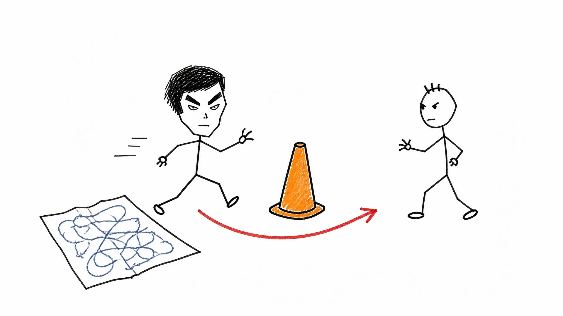 A Bruce Lee figure abandons a tangled route to move directly around a training cone toward an opponent