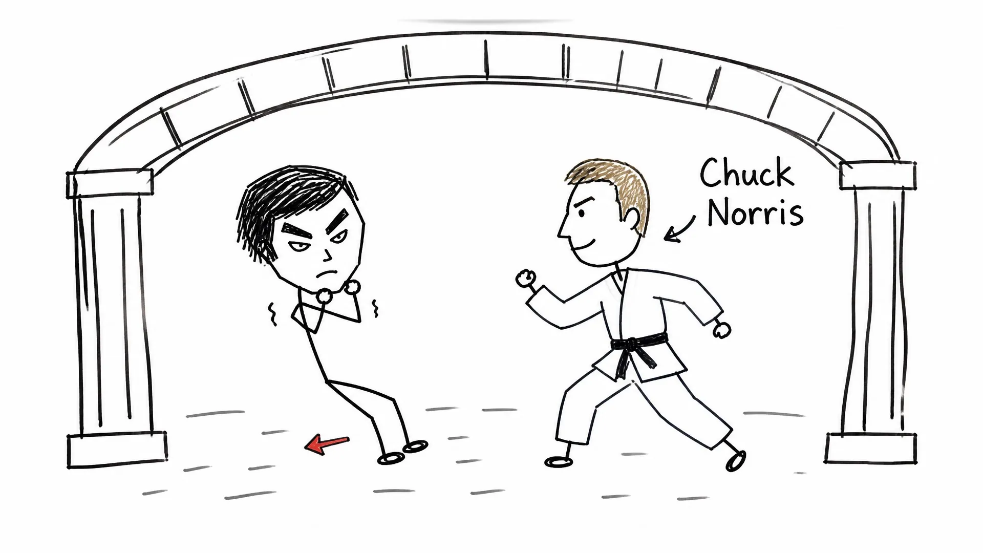 Bruce Lee changes his stance while facing Chuck Norris inside a drawn Roman arena