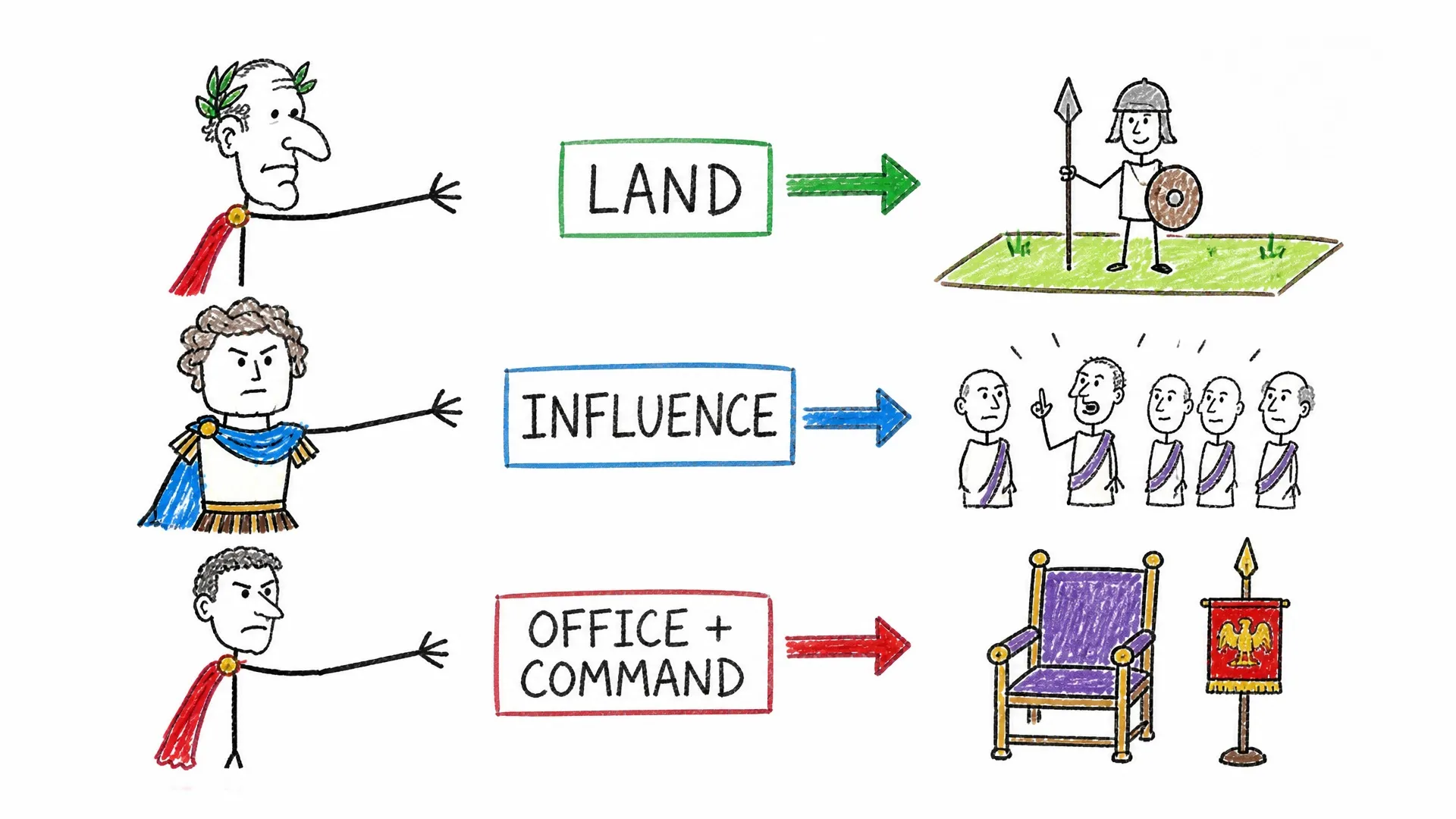 Caesar, Pompey, and Crassus trade land, influence, offices, and military command