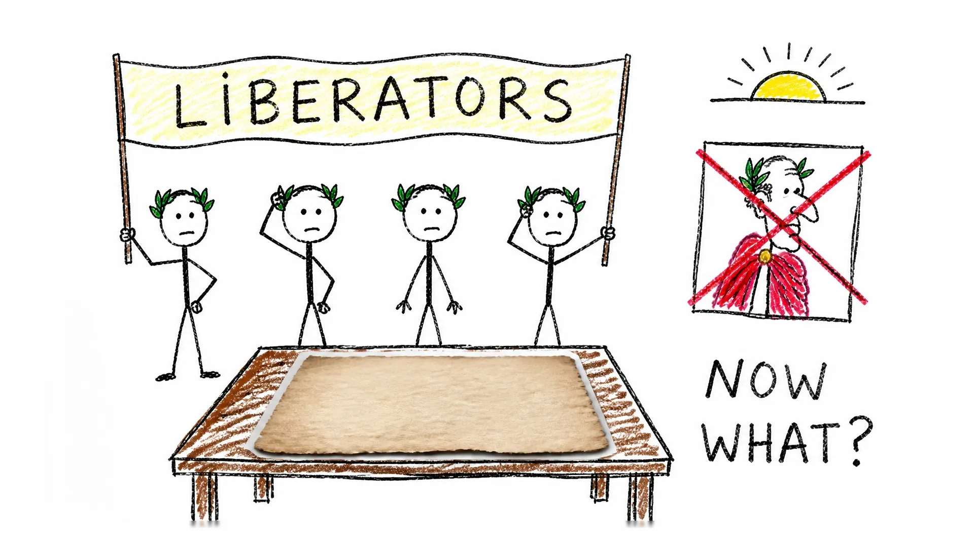 Roman liberators stand beside Caesar's crossed-out portrait and an empty plan for what happens next