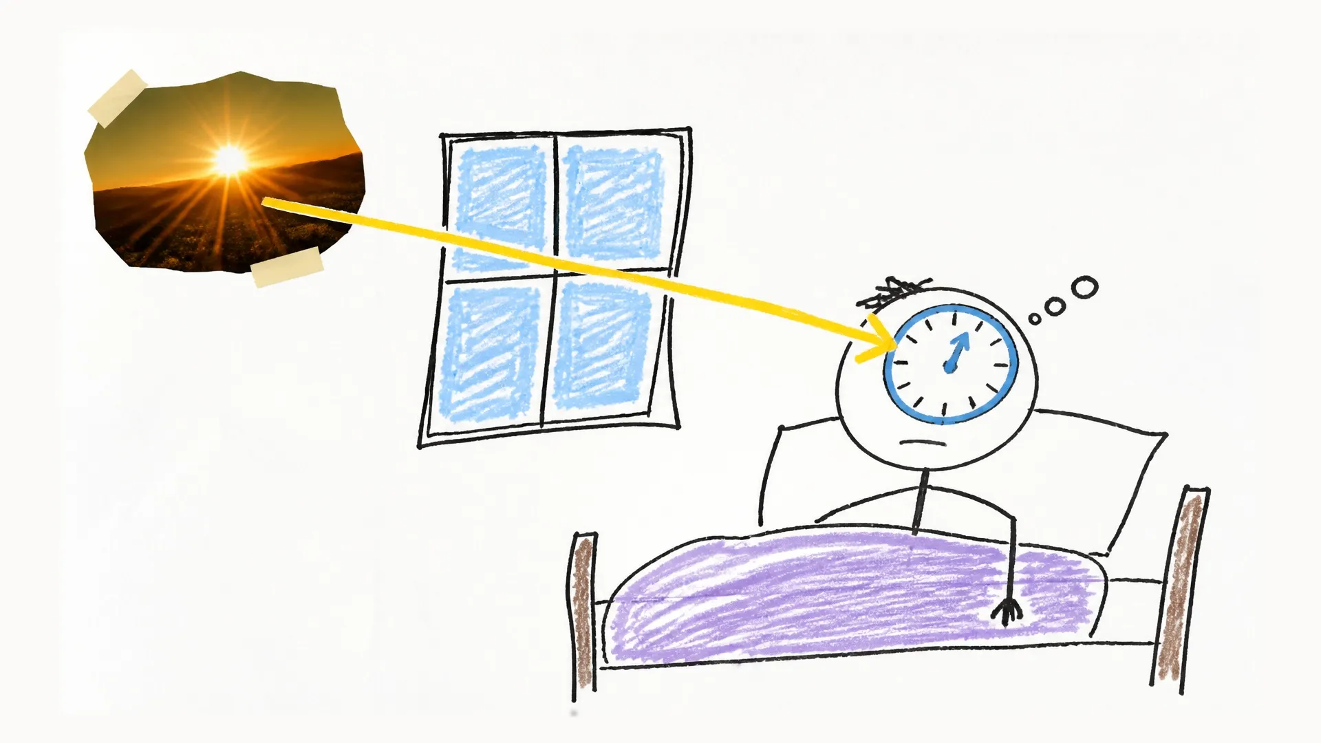 Morning sunlight passes through a window toward a clock drawn inside the head of a person lying awake in bed
